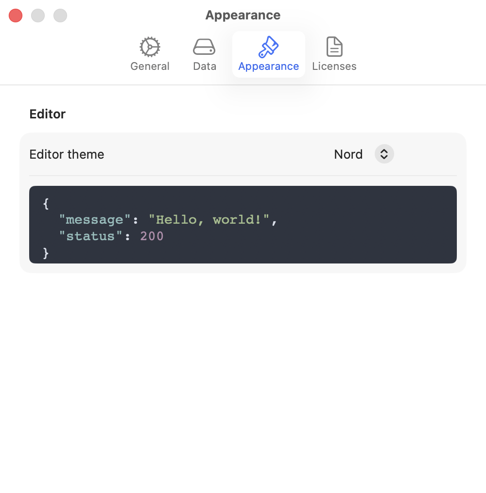 Appearance settings with editor theme picker