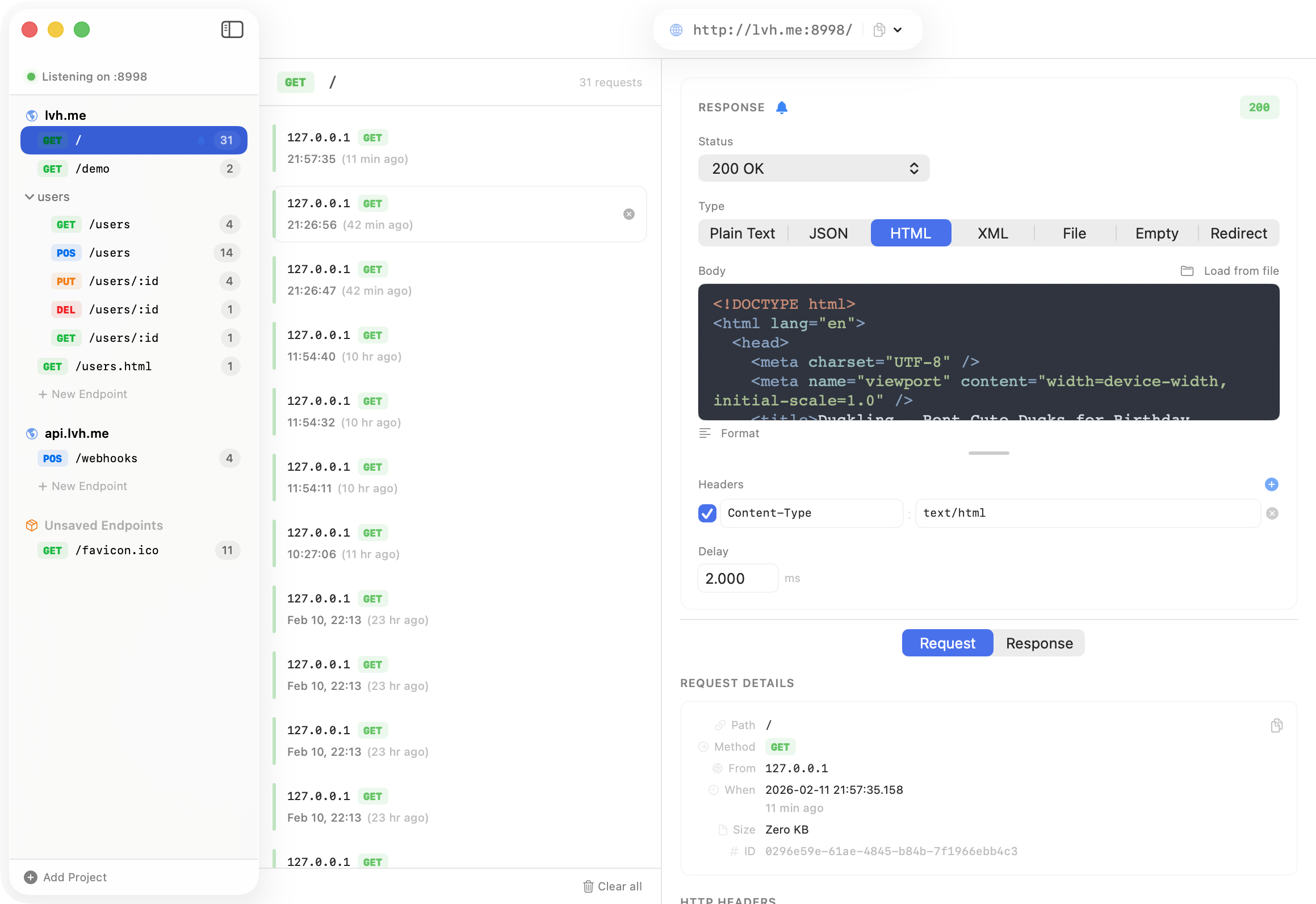 Decoy app showing the three-column interface: endpoints sidebar, request list, and response editor