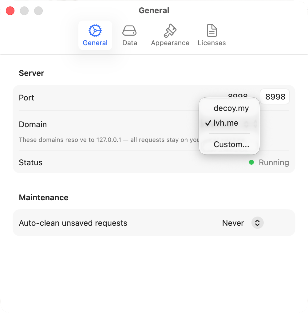 Settings showing domain picker with decoy.my, lvh.me, and custom options