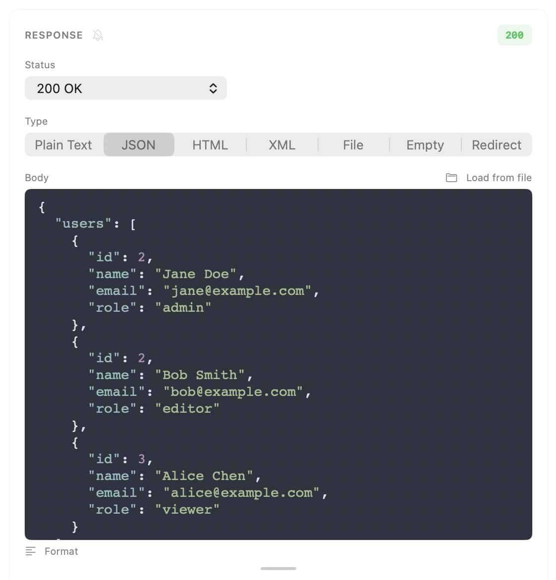 Response editor showing JSON body configuration with syntax highlighting